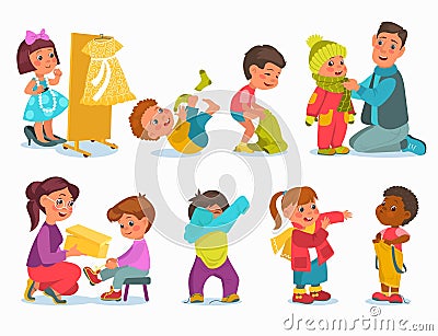 Young fashionistas try clothes. Little children dress up and undress. Kids wear jackets and trousers. Boys and girls put Vector Illustration
