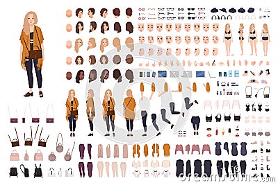 Young fat curvy woman or plus size girl constructor or DIY kit. Set of body parts, facial expressions, clothing Vector Illustration