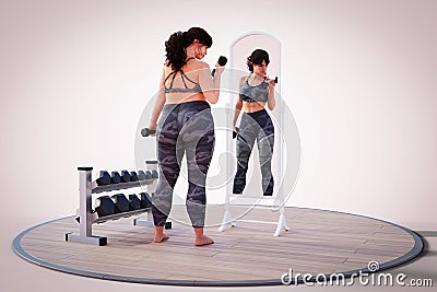 3d illustration. young fat girl looks at herself in the mirror and sees herself slender. 3d illustration render Cartoon Illustration