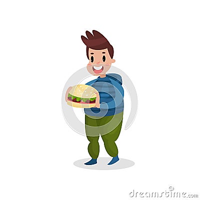 Young fat man holding giant burger, harmful habit and addiction cartoon vector Illustration Vector Illustration