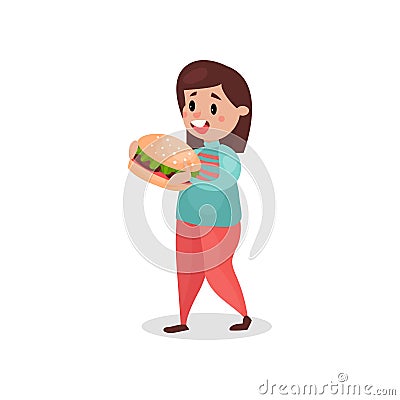 Young fat woman eating giant burger, harmful habit and addiction cartoon vector Illustration Vector Illustration