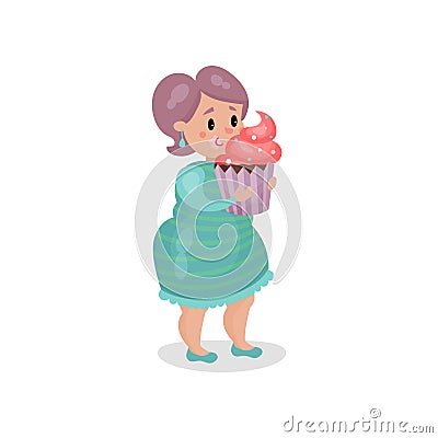 Young fat woman eating giant cupcake, harmful habit and addiction cartoon vector Illustration Vector Illustration