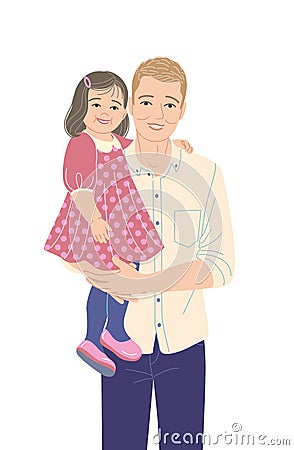 Young Father Carrying His Little Daughter Vector Illustration