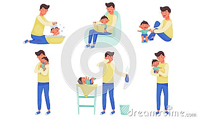 Young Father Changing Diaper, Bathing and Playing with His Little Baby Vector Illustration Set Vector Illustration