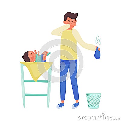 Young Father Character Nursing Baby Vector Illustration. Fatherhood Concept Vector Illustration