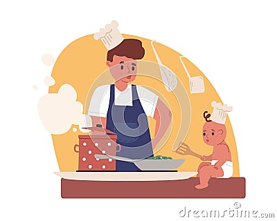 Young father cooking. Dad doing household chores with baby in kitchen. Housekeeping and paternity leave concept. Colored Vector Illustration