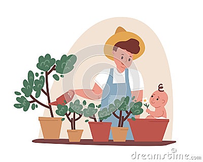 Young father doing gardening with baby, sitting in pot. Dad watering plants. Household chores and fatherhood concept Vector Illustration