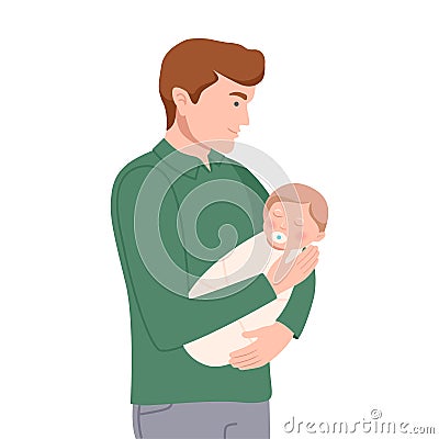 Young Father Holding His Newborn Wrapped in Baby Linen in Arms Vector Illustration Vector Illustration