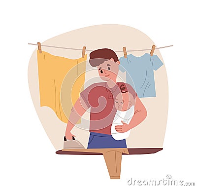 Young father holding newborn baby in arms and doing household chores. Dad ironing linen. Housekeeping and paternity Vector Illustration