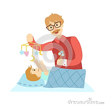 Young Father Putting Baby To Sleep In Bed, Illustration From Happy Loving Families Series Vector Illustration