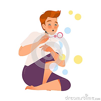 Young Father Sitting on the Floor and Blowing Soap Bubbles Vector Illustration Vector Illustration