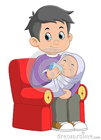 Young father sitting his baby during drinking milk Vector Illustration