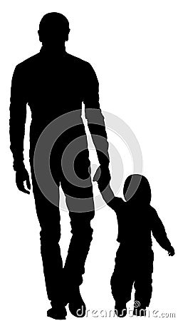 Young father and son holding hands walking on the street. Parent spend time with son vector silhouette. Cartoon Illustration