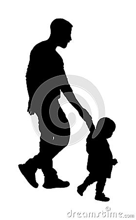 Young father and son holding hands walking on the street vector silhouette illustration. Parent spend time with son. Man and boy. Vector Illustration