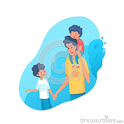 Young father with sons flat characters Vector Illustration