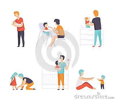 Young Fathers Taking Care of Their Babies Nursing and Feeding Them Vector Set Vector Illustration