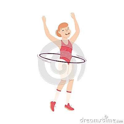 Young Female in Athletic Wear at Gym with Hula Hoop Doing Physical Exercise and Workout Vector Illustration Vector Illustration