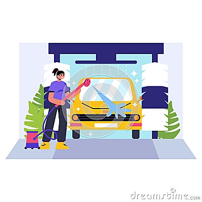 Young female in automobile wash center washing yellow car. Self-service in car wash Vector Illustration