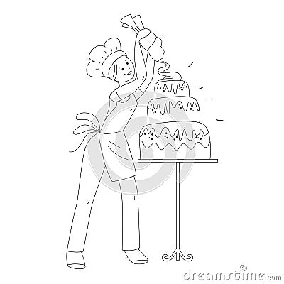 Young female baker decorating birthday cake. standing with palette and paints. Profession confectioner. Linear, contour, black and Vector Illustration