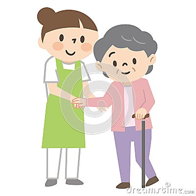 Young female caregiver assisting an elderly woman with a cane Cartoon Illustration