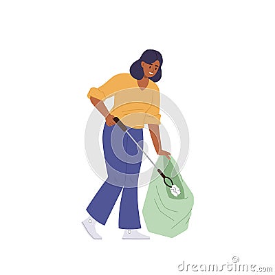 Young female cartoon character volunteer cleaning nature from garbage picking paper trash into sack Vector Illustration