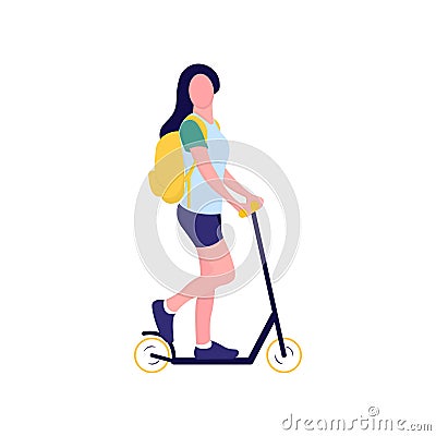 Young female character with backpack ride modern urban transport electric kick scooter. Active hipster adult millennial Vector Illustration