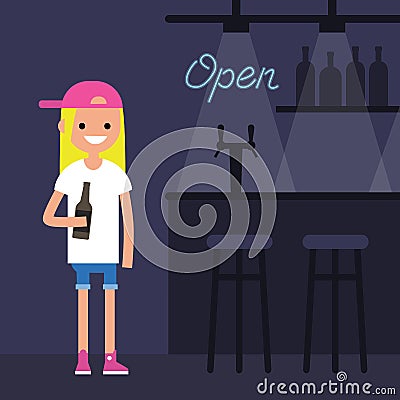 Young female character drinking beer in a bar Vector Illustration