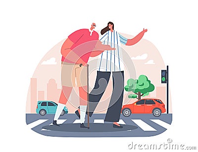Young Female Character Help to Cross Road for Elderly Man with Walking Cane. Woman City Dweller Move over Crossroad Vector Illustration