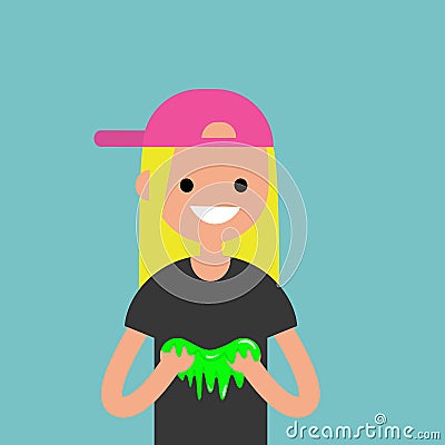 Young female character playing with a slime / flat editable Vector Illustration