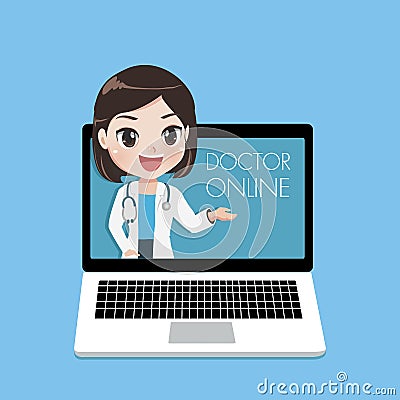 Young female doctor advise patients through online laptop Vector Illustration