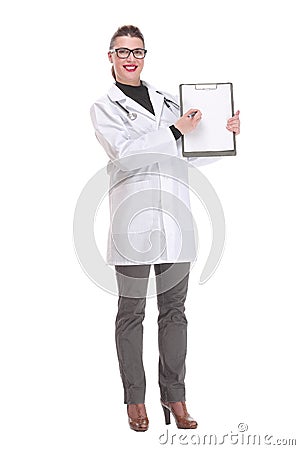 Young female doctor holding empty folder with files of desease illness. Specialist point by pen blank clipboard Stock Photo