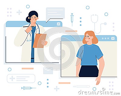 Young female doctor providing modern healthcare services via Internet Vector Illustration