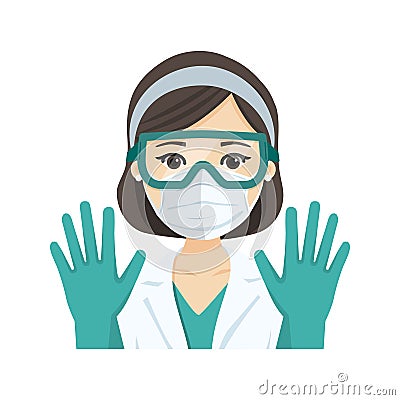 Young female doctor wearing the n95 respiratory protection mask, glasses and gloves, against infectives diseases. Vector Vector Illustration