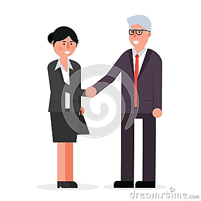 Young female employee and senior businessman shaking hands and s Vector Illustration