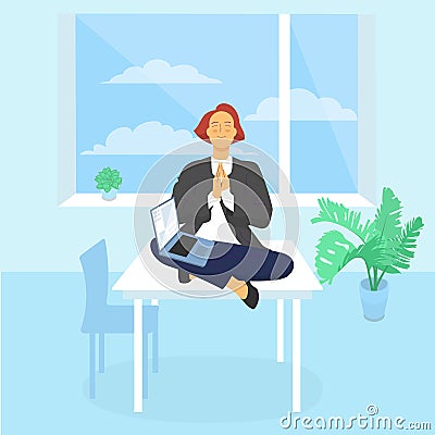 Young female employee is sitting on desk meditating, computer on her lap Cartoon Illustration