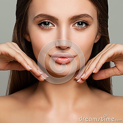 Young Female Face Closeup. Cute Model Woman with Healthy Skin Stock Photo