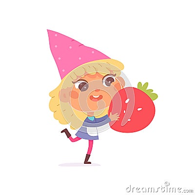Young female garden gnome holding strawberry, cute girl in pink hat and apron running Cartoon Illustration