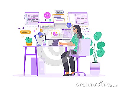 Young female geek character. Woman programmer coding, blogger content develop or software programming. Casual technology worker, Vector Illustration