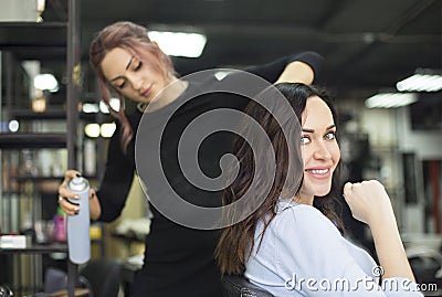 Young female hairdresser fixing hair of gorgeous woman with hairspray Stock Photo