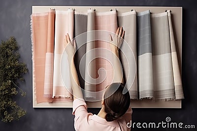 Young female hands with fabric samples for curtains , concept of Interior Design, created with Generative AI technology Stock Photo
