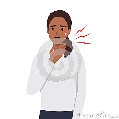 Young female having sore throat symptom. cold and flu, Pharyngitis or tonsil inflammation symptom Cartoon Illustration