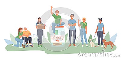 Young female helping man on wheelchair. Male sitting on jar for donate. Lady standing with dogs Vector Illustration