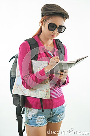 Young female hiker with backpack Stock Photo