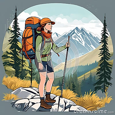 Young female hiker enjoying hiking in mountains. Woman traveler travels with backpack. Happy tourist girl is ready for adventure Stock Photo