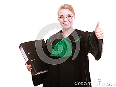 Young female lawyer attorney wearing classic polish black green gown Stock Photo