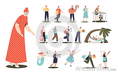 Young female lifestyle: mother, , relax on vacation, buying house, housewife, hold shopping bags Vector Illustration