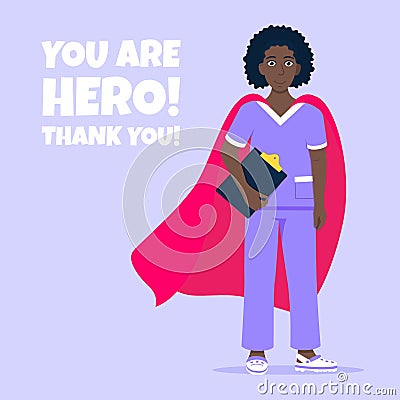 Young female nurse hospital medical employee with hero cape behind fights against diseases Vector Illustration