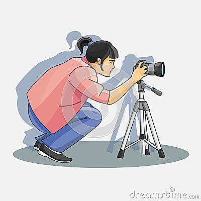 Young female photographer photographing Vector Illustration