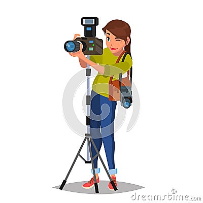 Young Female Photographer Vector. Take A Photo. Vector Illustration