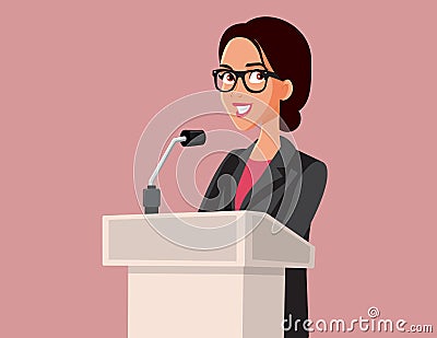 Young Female Politician Talking at Press Conference Vector Illustration